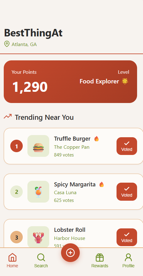BestThingAt app: home screen with points, level, and trending dishes near you